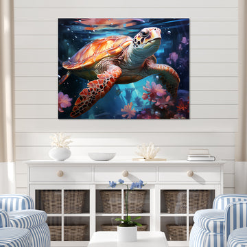 Oceanic Turtle Elegance - Coral Turtle Wall Art